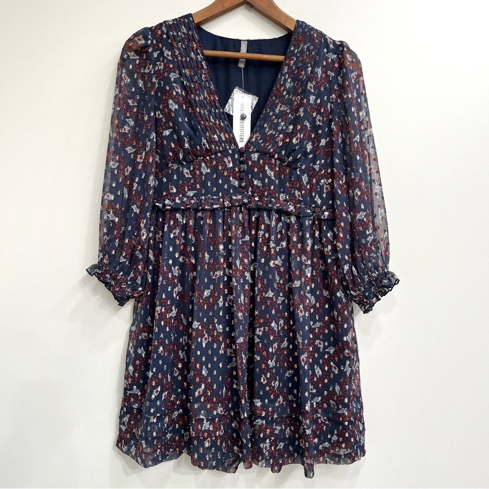 Urban Outfitters Navy Blue Metallic Puff Sleeve Mini Dress Babydoll Size XS - Picture 5 of 15